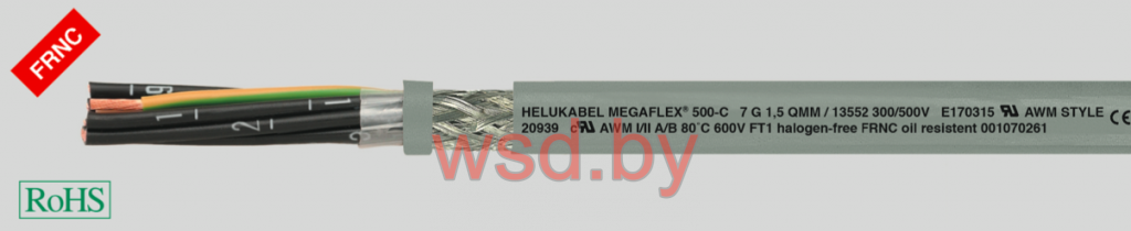 Кабель MEGAFLEX 500-C ® безгалогеновый, трудновоспламеняемый, маслостойкий, устойчивый к УФ-излучению, гибкий, экранированный, ЭМС, с разметкой метража 16G1
